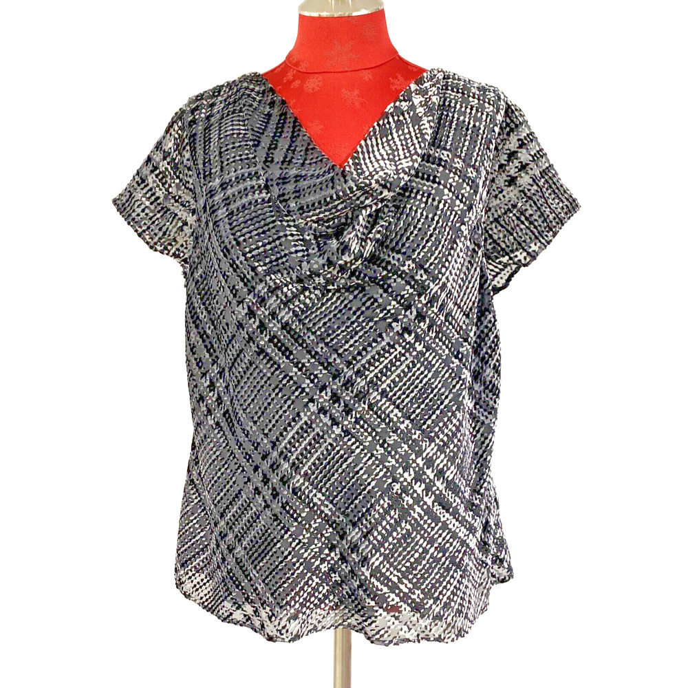 Jones New York Size 12 Black & Silver Top Blouse Velvet Burnout Draped Neckline
